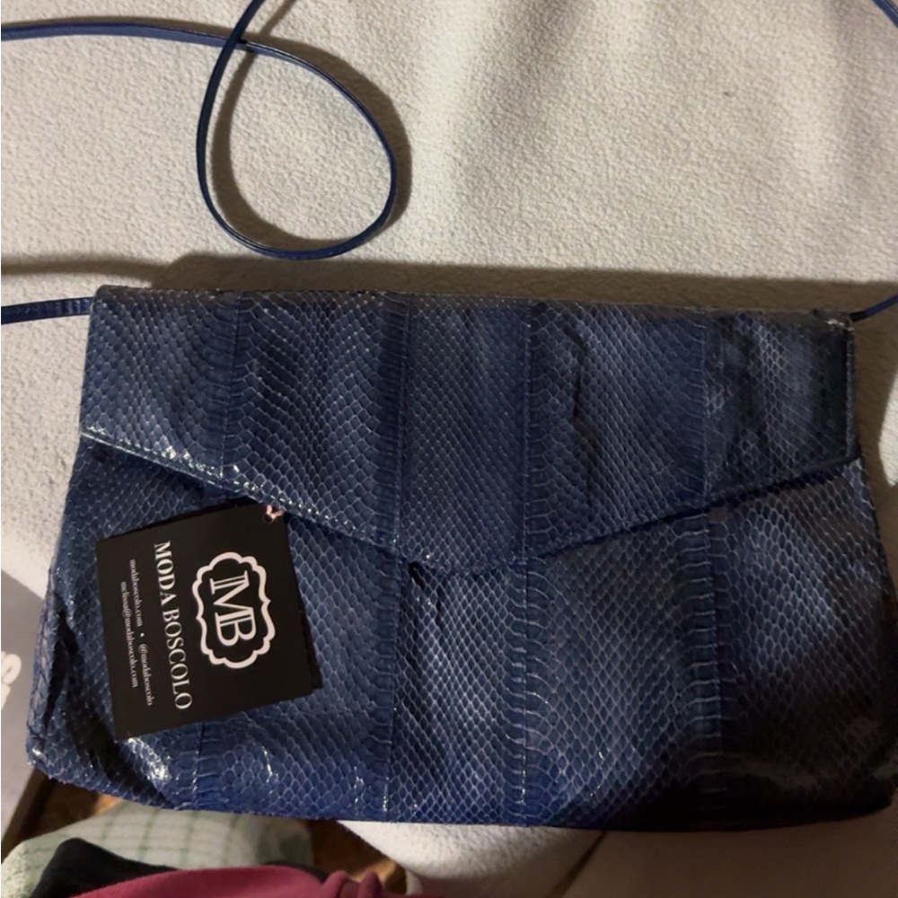 Blue snakeskin crossbody bag